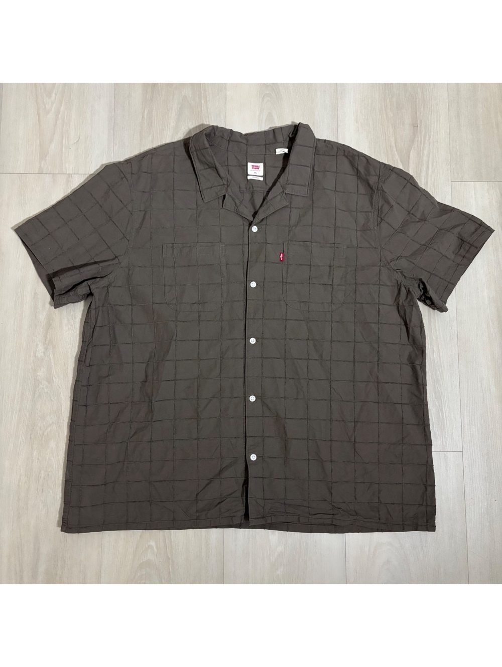 Levis Shirt Mens XXL Brown Grid Check Textured Short Sleeve Relaxed Button Up